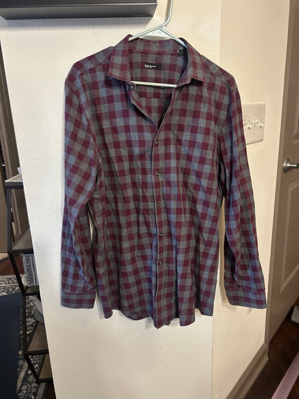 Bar III Men's Burgundy and Gray Plaid Button-Down Shirt